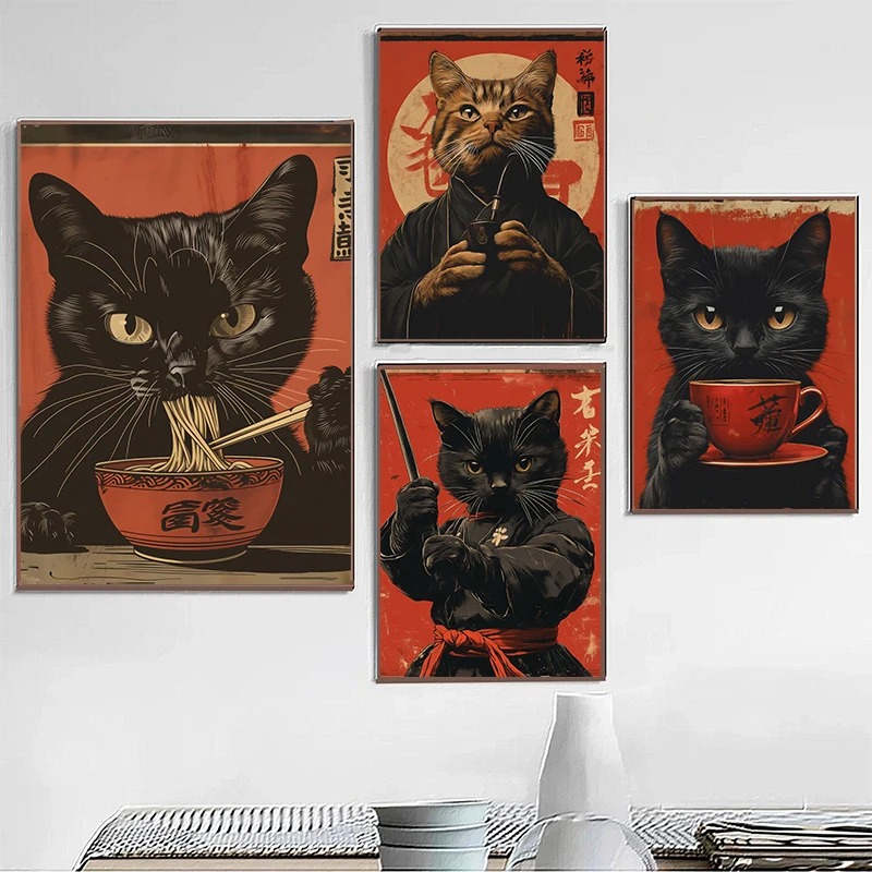 Japanese Eating Lifestyle - Japanse Edo Stijl Zwarte Kat Eten